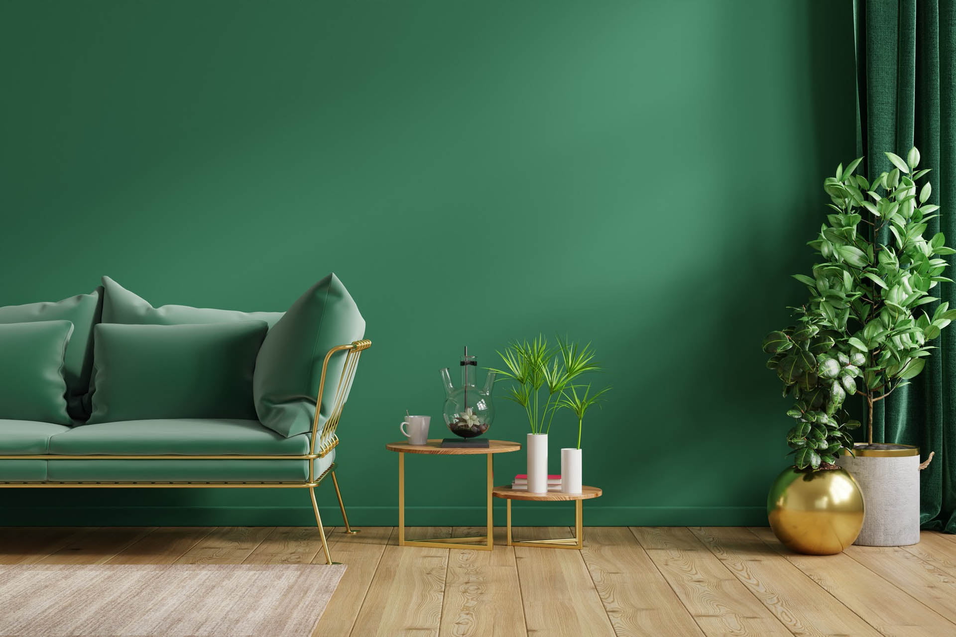 interior green wall with green sofa decor living room