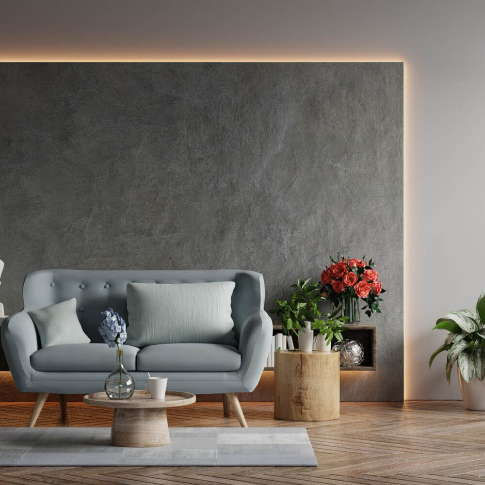 living room loft industrial style with blue sofa empty concrete wall 3d rendering