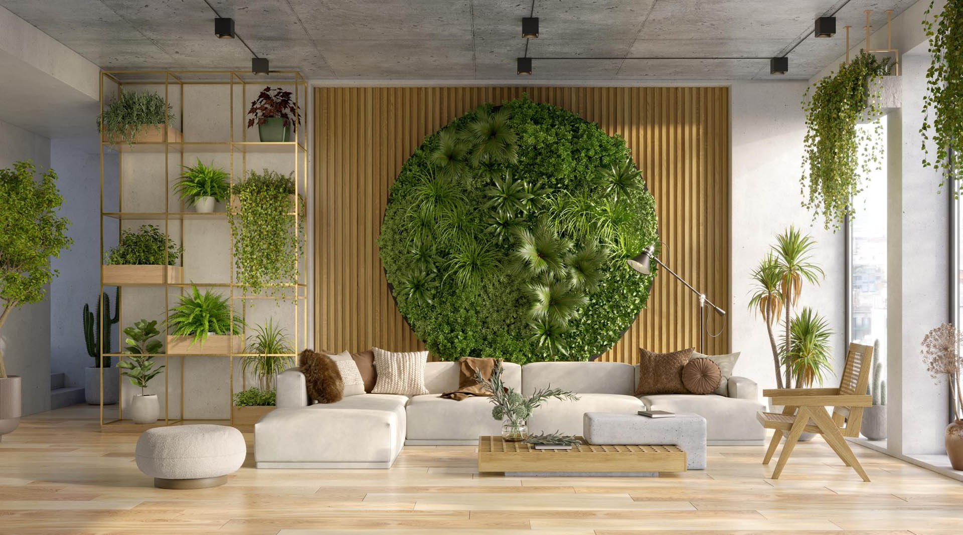 vertical green wall living room interior 3d render 1