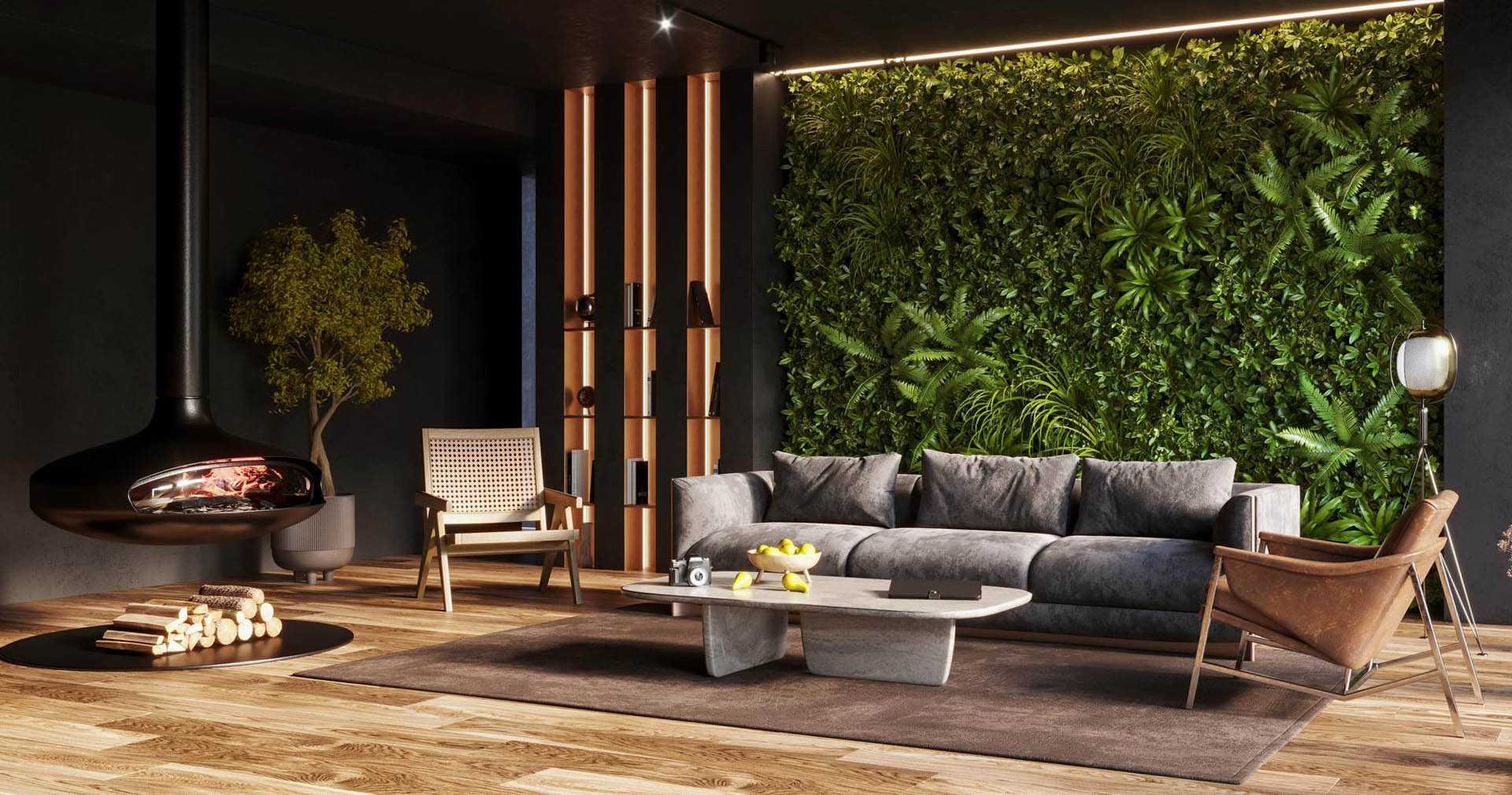 vertical green wall modern living room interior 3d render